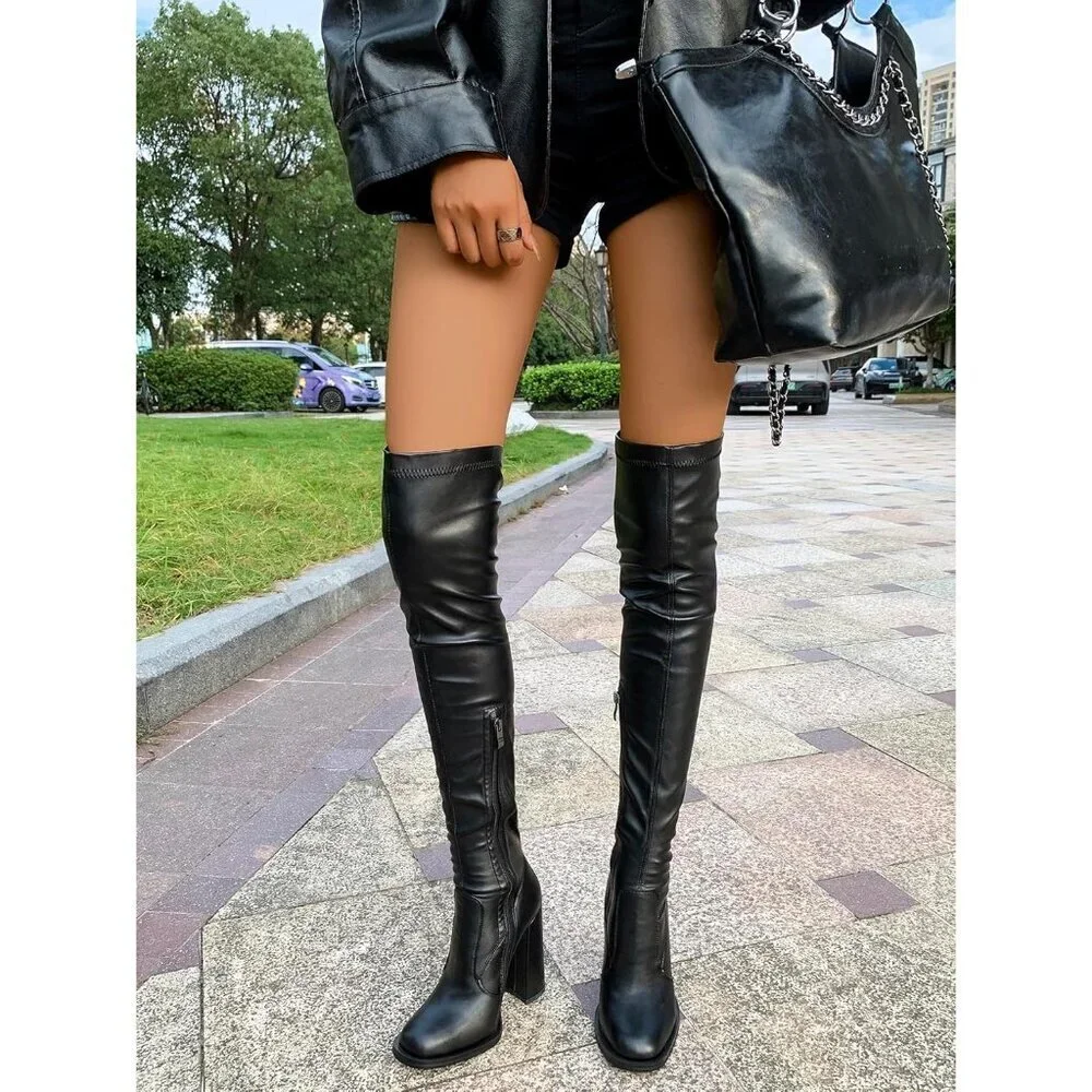 🆕Women Black Leather Over The Knee Thigh High Chunky Heel Pointed Toe Long Boot